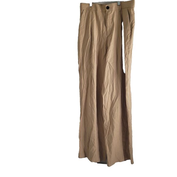 NEW Zara Large pants tall wide leg button zip pockets dress trousers khaki brown - Picture 3 of 12